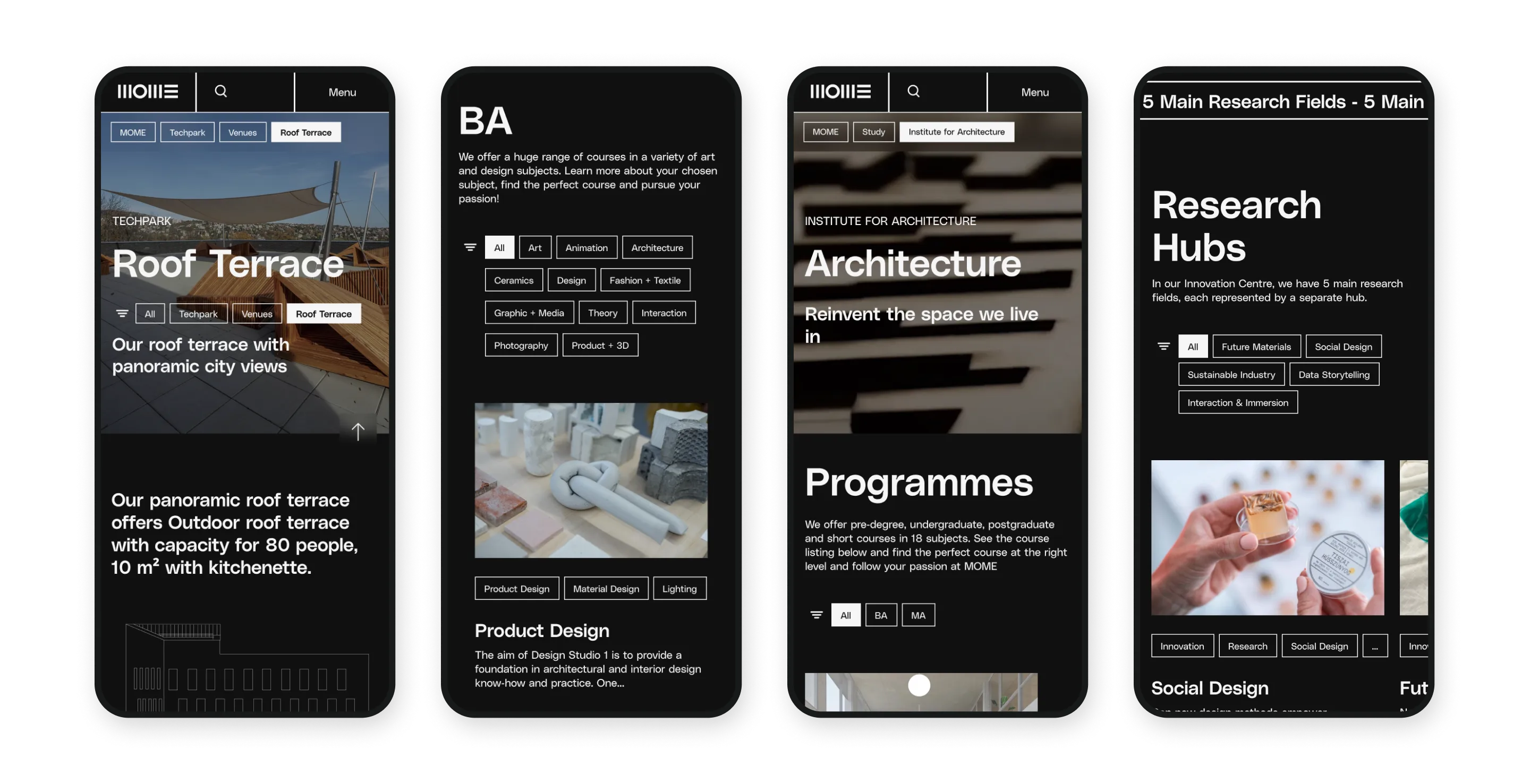Mobile mockups of different sections on the website such as the Techpak, Masters, Architecture's Programmes and Research Hubs.